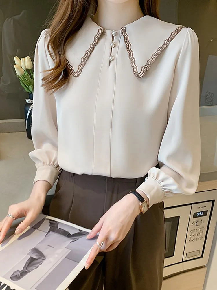 

Женская шифоновая рубашка с длинным рукавом, элегантная офисная рубашка с воротником «Питер Пэн» в Корейском стиле, весна 2023