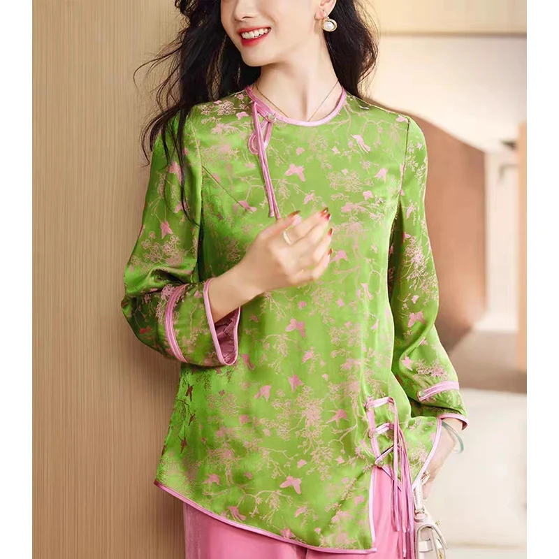 

High Quality 2023 Spring And Summer New Young Rayon Jacquard O-Neck+Lace up Buckle New Chinese Loose Top Women's S-XXL