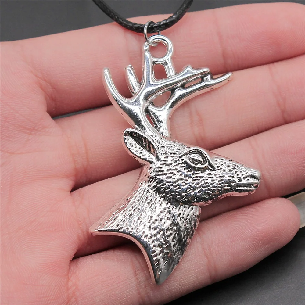 

Dropshipping 2 Colors 60x43mm Deer Head With Antlers Pendant Faux Black Leather Rope Chain Necklace