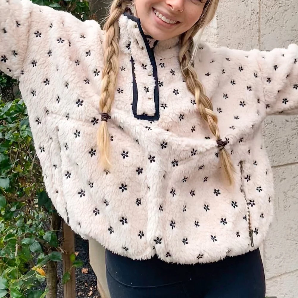 

Flower Embroidery Women Sports sweatshirt tops Lamb Hair fashion Soft pullover Coat