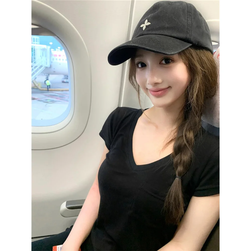 Футболка Gyaru женская с V-образным вырезом облегающий короткий базовый хлопковый