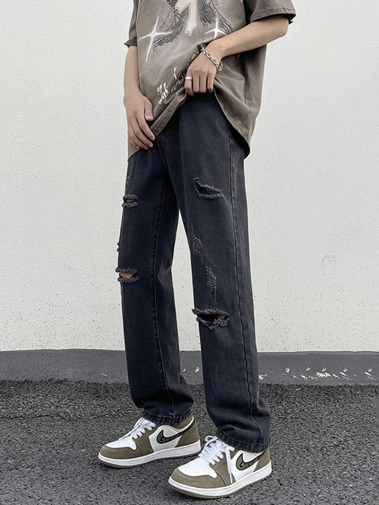 Vintage Distressed Yellow Wash Denim Jeans for Men Trendy Streetwear Baggy Jeans, Straight Leg Casual Trousers