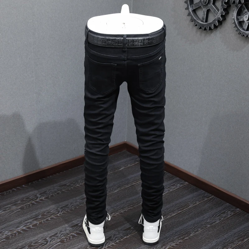 High Street Fashion Ripped Jeans Men Patched Designer Black Elastic Hip Hop Brand Pants Hombre Stretch Skinny Punk Jeans Homme