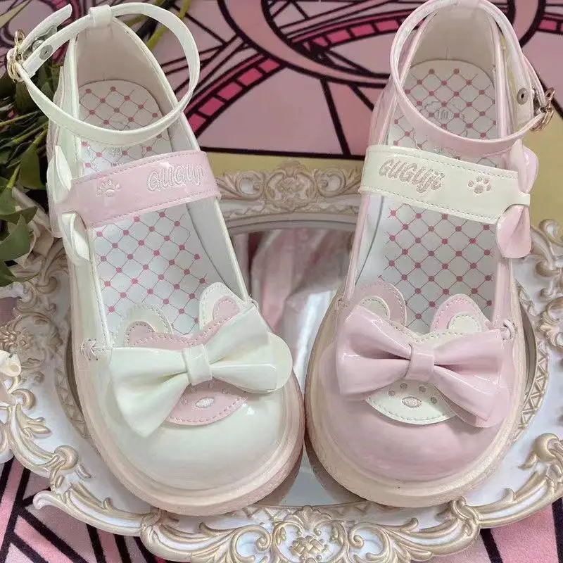 Kawaii Lolita Shoes Japanese Style Bow Tie Patchwork Autumn Cute Woman Flats 2022 Fashion All-match Sweet Ladies Footwear