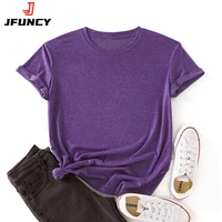 jfuncy 2022 fashion short sleeve tshirt women summer cotton tees solid color t shirt lady tops female t shirt