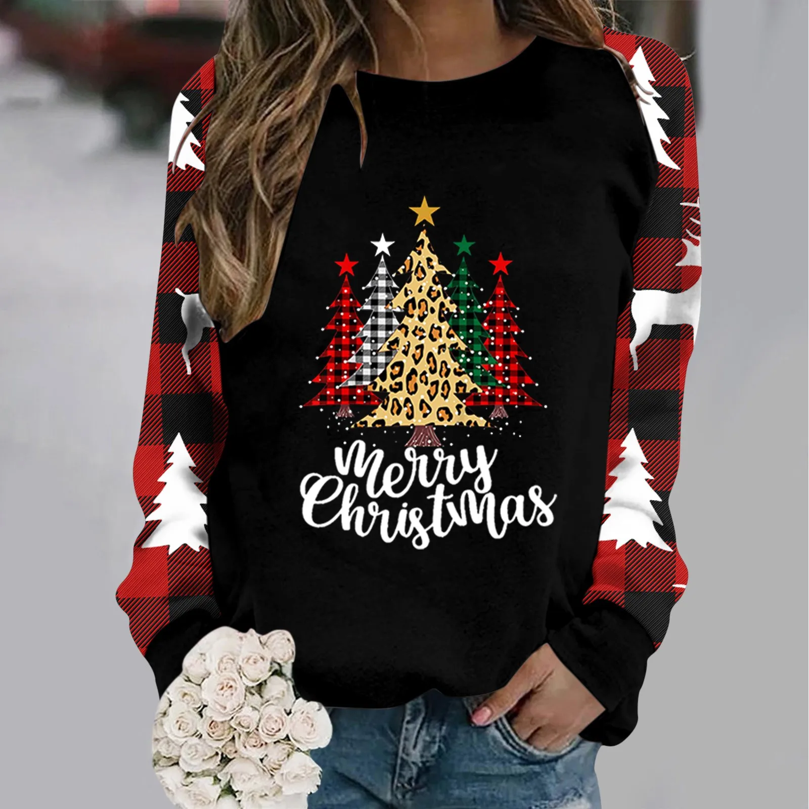 

2023 Christmas Sweatshirt Pullover Xmas Womens Long Sleeve Crew Neck Deer Letter Printed Hoodless New Year Clothes Hooded