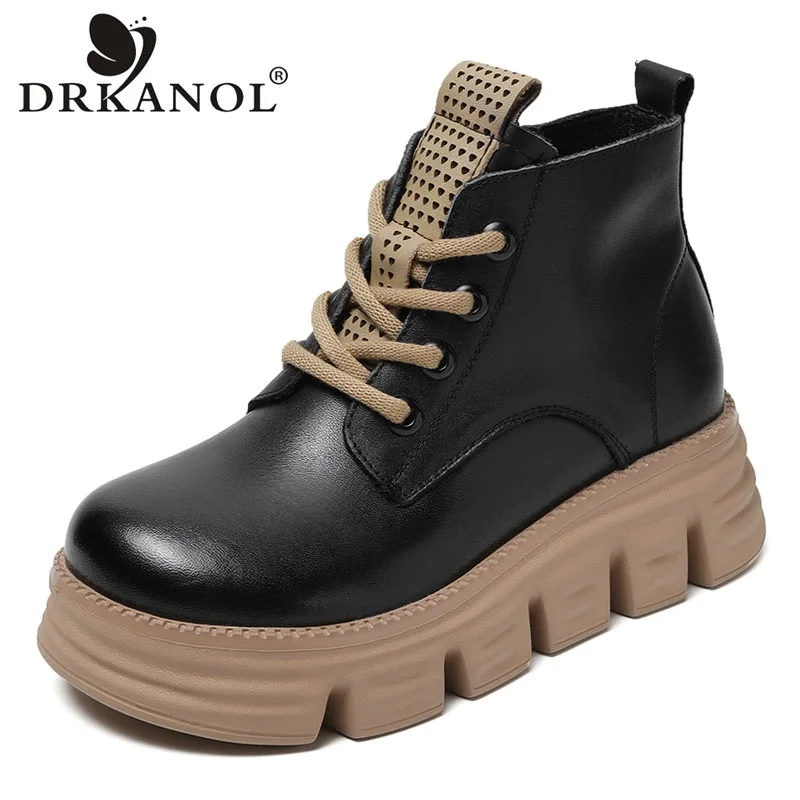 

DRKANOL 2022 женские ботинки на платформе, Зимние ботильоны из натуральной кожи с круглым носком и боковой молнией, ботинки на танкетке, женские ботильоны H22263Z