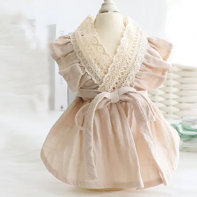 Summer Lace Dog Princess Dress Cotton Linen Breathable Pet Skirt Thin Soft Puppy Dresses Cute Bow Cat Skirts Pet Clothing 3
