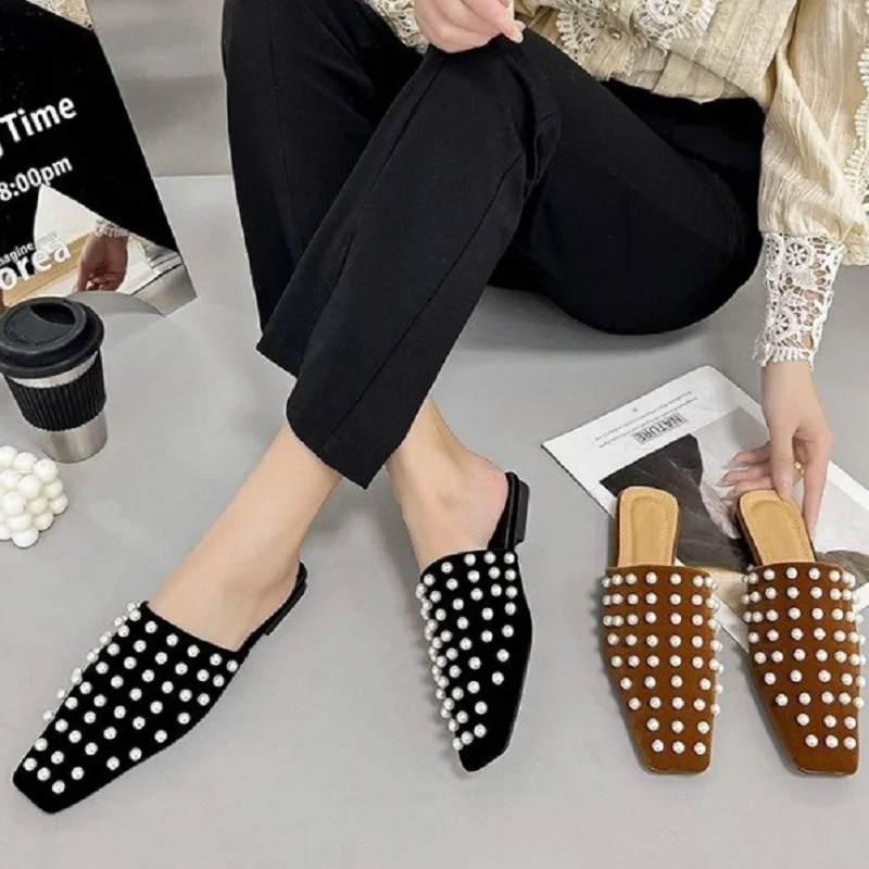 

Spring Summer Women's Sandals Outerwear Suede Square Toe Flat Mules Shoes Woman Pearl Decoration Closed Toe Slippers 2022 New