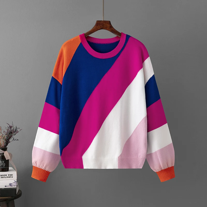 

Autumn Oversized Stripe Stitching Pullovers Women Sweater Tops Fashion Winter Warm Ladys Pullover Knit Women Sweater Jumper