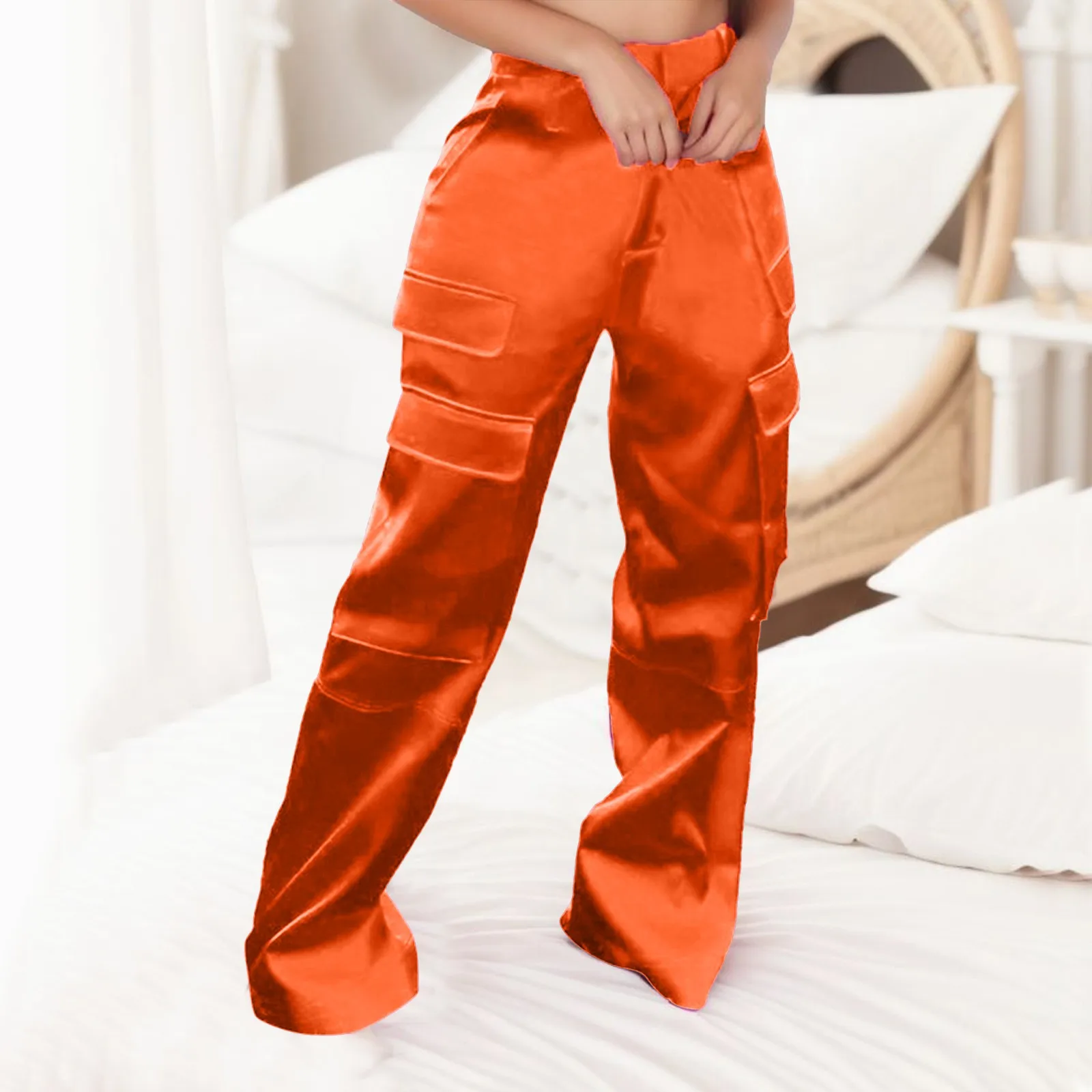 

Casual Fashionable Women's Pants Multiple Pocket Solid Color Loose High Waisted Rise Satin Soft Comfortable Pants