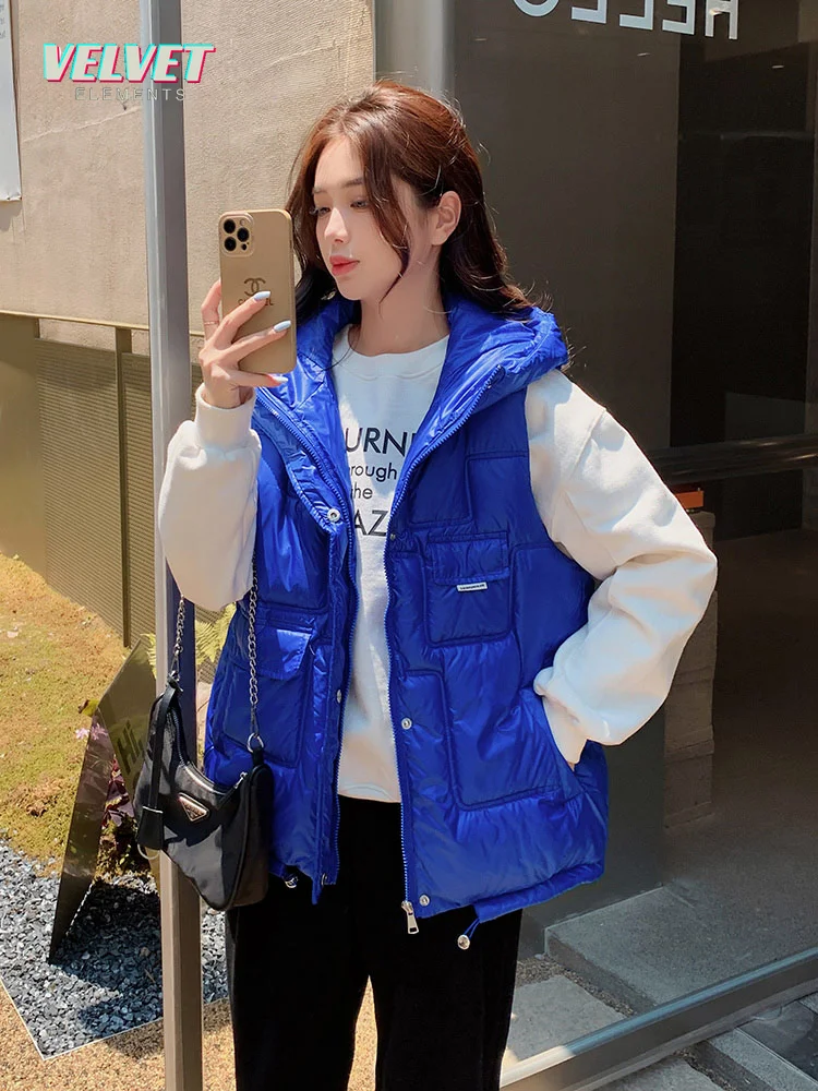 

VelvetElements Winter Vest Women Matte Glossy Hooded Padded Fashion Pockets Female Short Jacket Outwear Winter Waistcoat Women