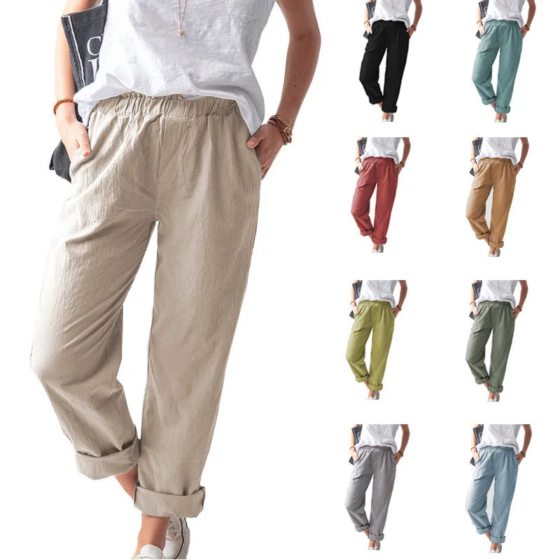 2023 Spring/Summer New Women's Fashion Casual Solid High Waist Drawstring Cotton Hemp Pants Loose Large Straight Leg Pants