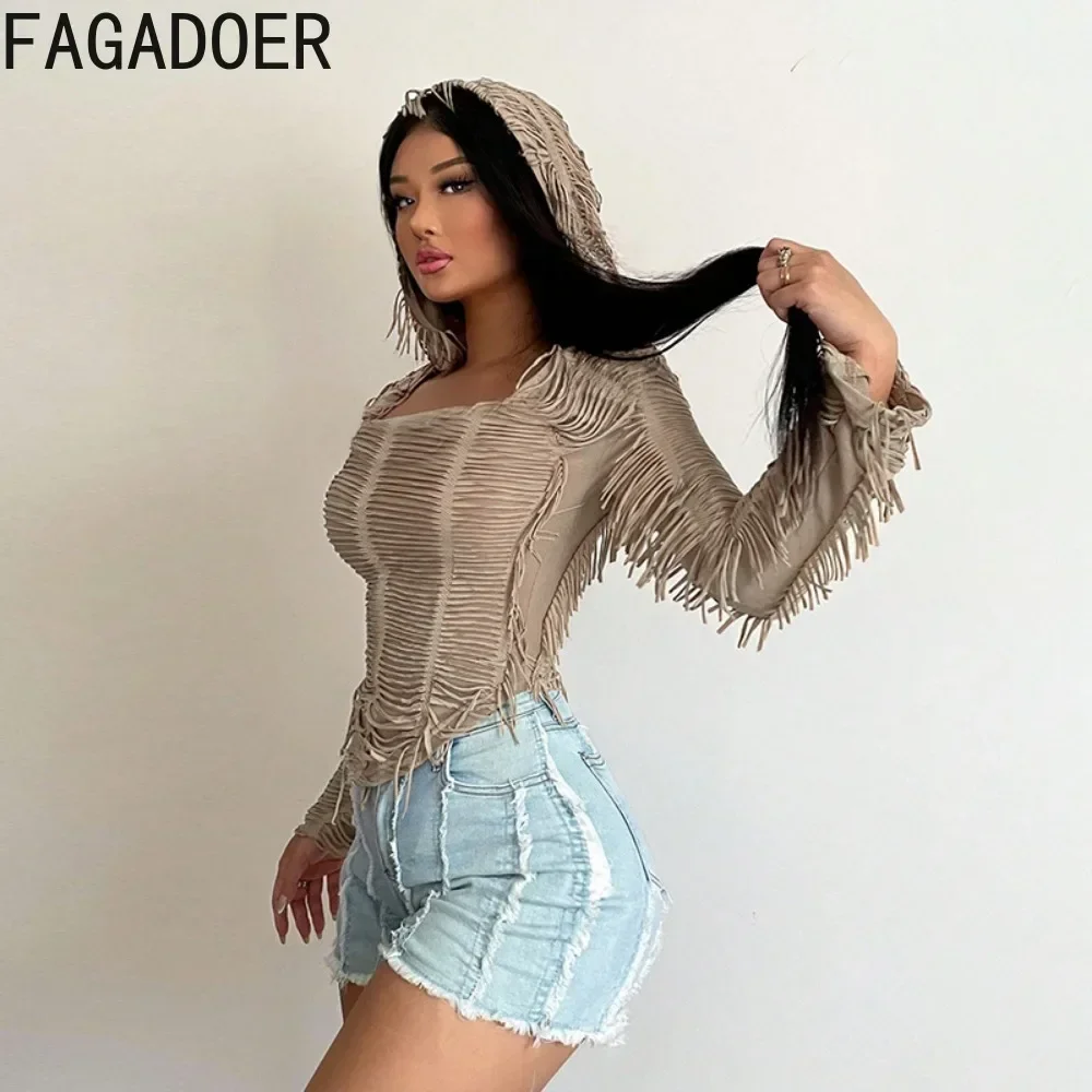 Модный коричневый укороченный топ FAGADOER Y2K с кисточками и капюшоном Женский