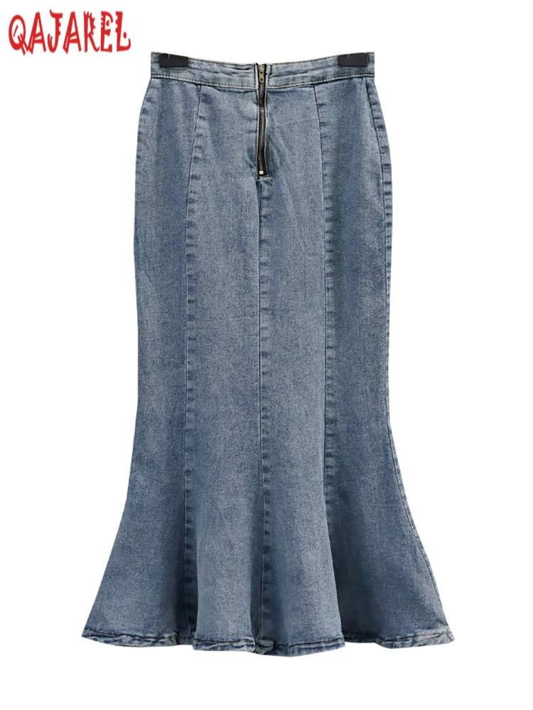 

Женская синяя джинсовая юбка, элегантная повседневная облегающая юбка средней длины в Корейском стиле, Осень-зима 2023