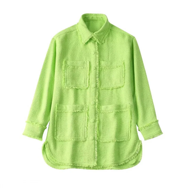 

Texture Shirt Coat Women Solid Mustard Green Office Wear Loose Pocket Single-Breasted Raw Edges Arc HemTrimming