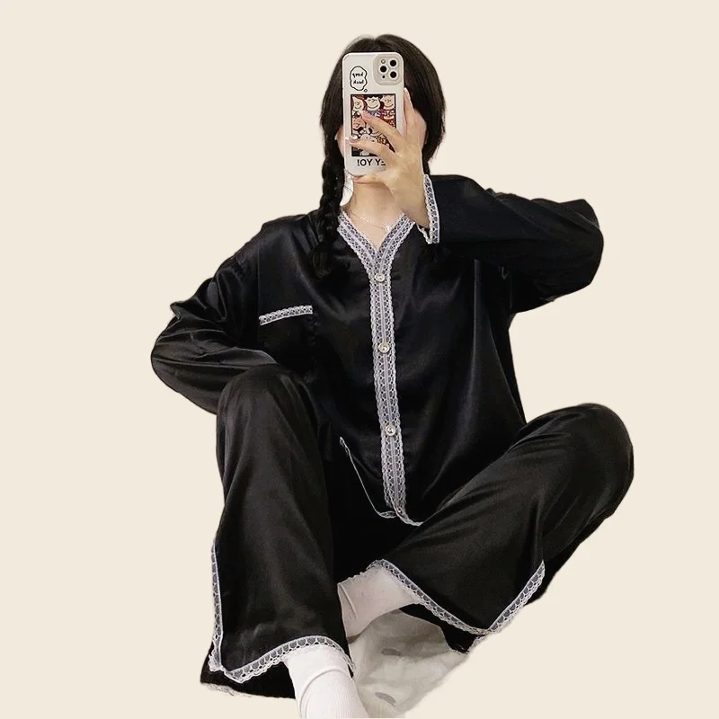 Women's Pajamas Set Full Sleeve T-shirt Long Pants 2Piece/Set Autumn/Spring Sexy Black Pyjama Big Size Homewear Cozy Silk PJS