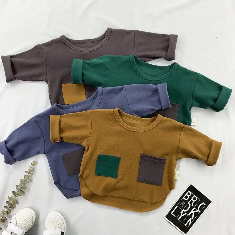 

Autumn Baby T-shirt Kids Boys Patchwork Pullover Toddler Girls Long Sleeve Cotton Tops Spring Children Casual Clothes