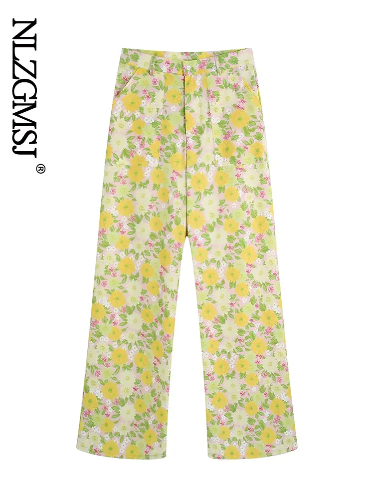 

Nlzgmsj 2022 Summer Spring Pant Women Casual Trousers Flower Print Button Up High Waist Loose Straight Pants 202204