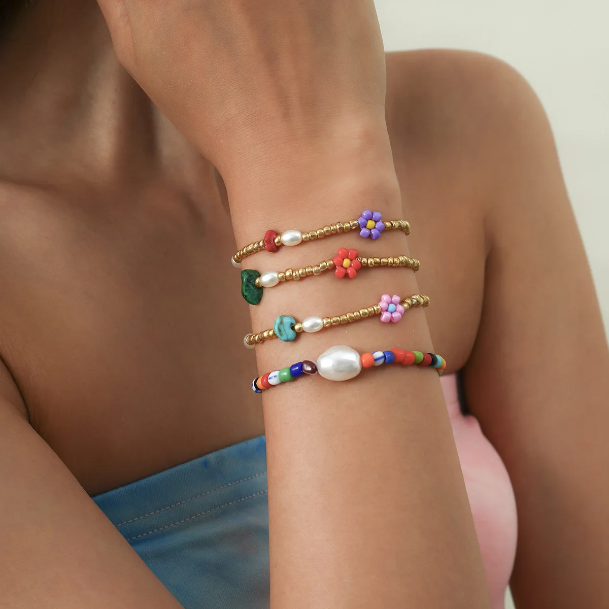 

GD Fashion Pearl Flower Beads Bracelet Jewelry Gifts Bohemian Ethnic Beaded Bracelets Set For Women Trendy Jewelry