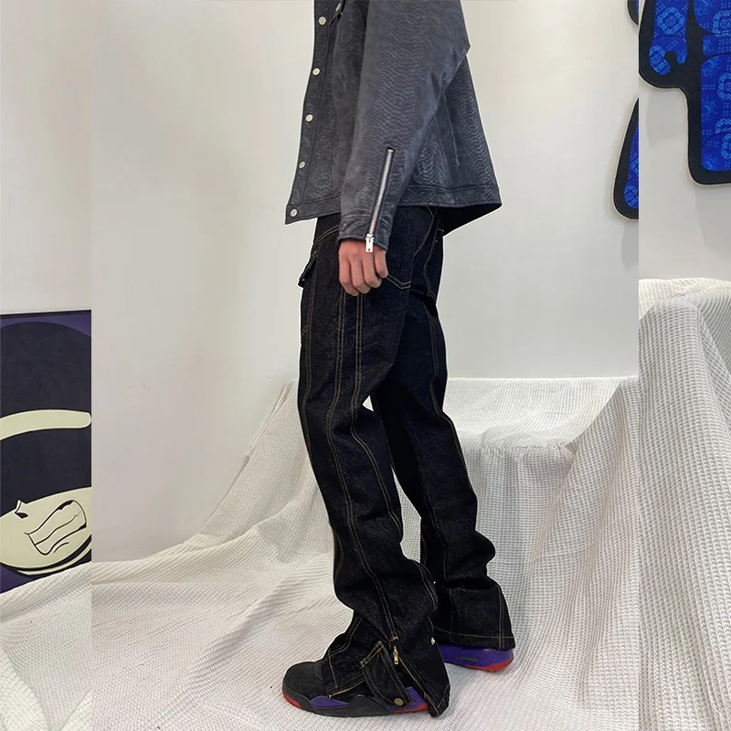 Mens Jeans High Street Zipper Hiphop Slim Retro Light Blue Denim Pants Men and Women Trend Full Length Trousers