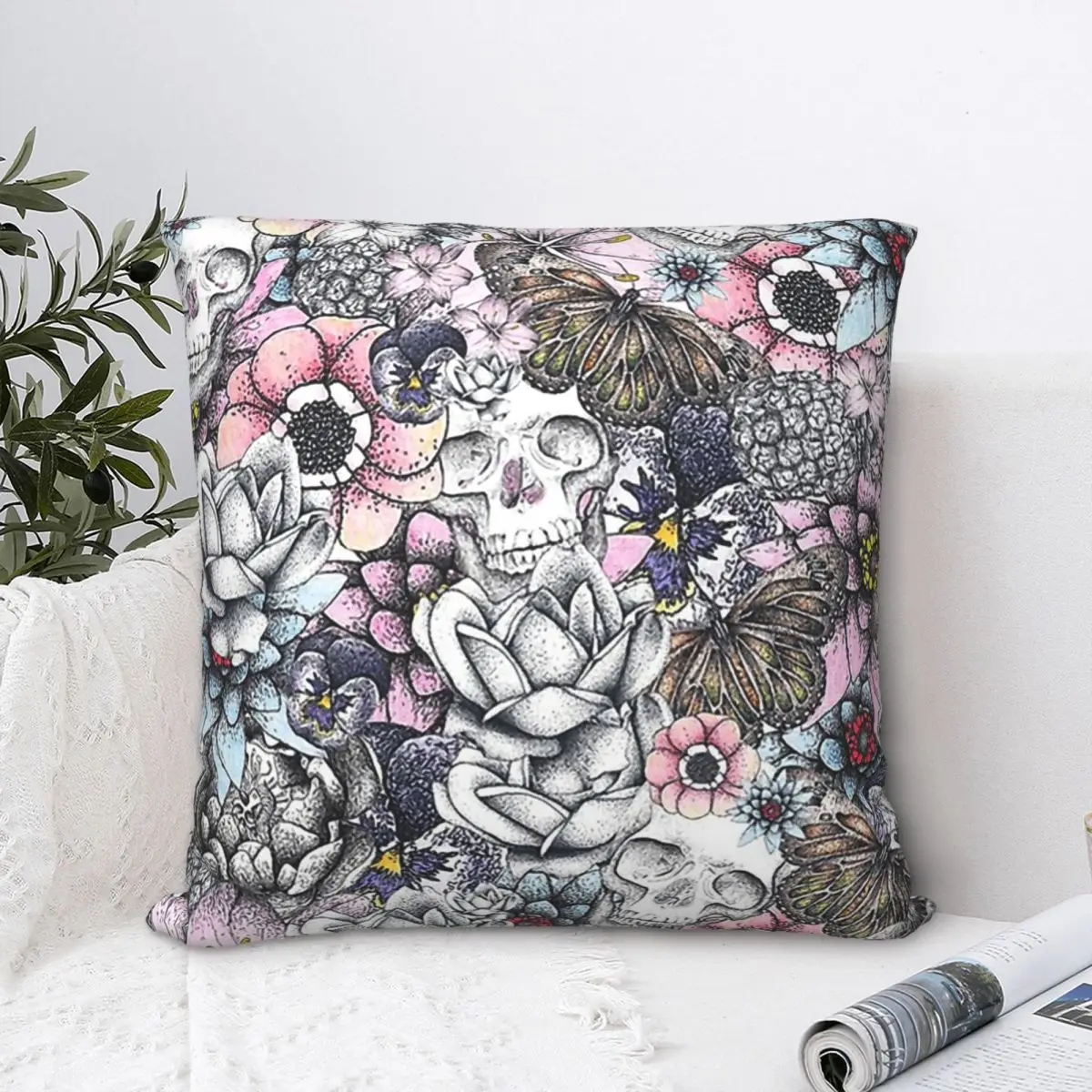 

Floral Skull Throw Pillow Case Skeleton Short Plus Cushion Covers Home Sofa Chair Decorative Backpack