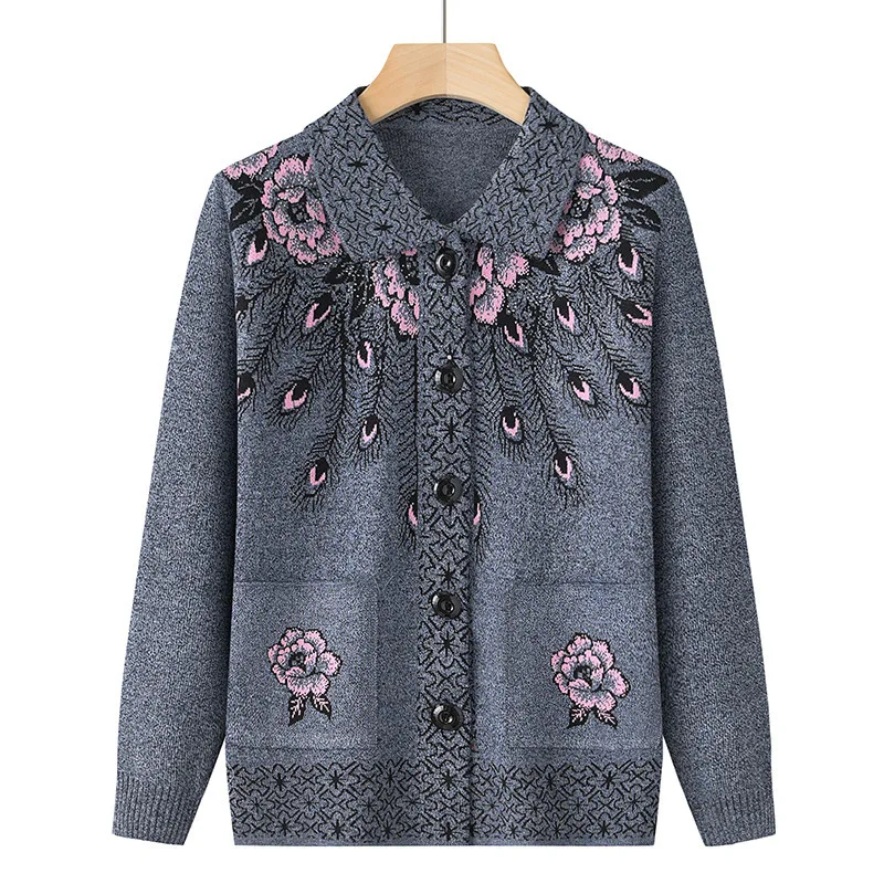 

Grandma's Spring Autumn Cardigan Lapel Middle Aged Mother Sweater Coat With Pockets Vintage Knitwears Jacket Women Tops XL-4XL