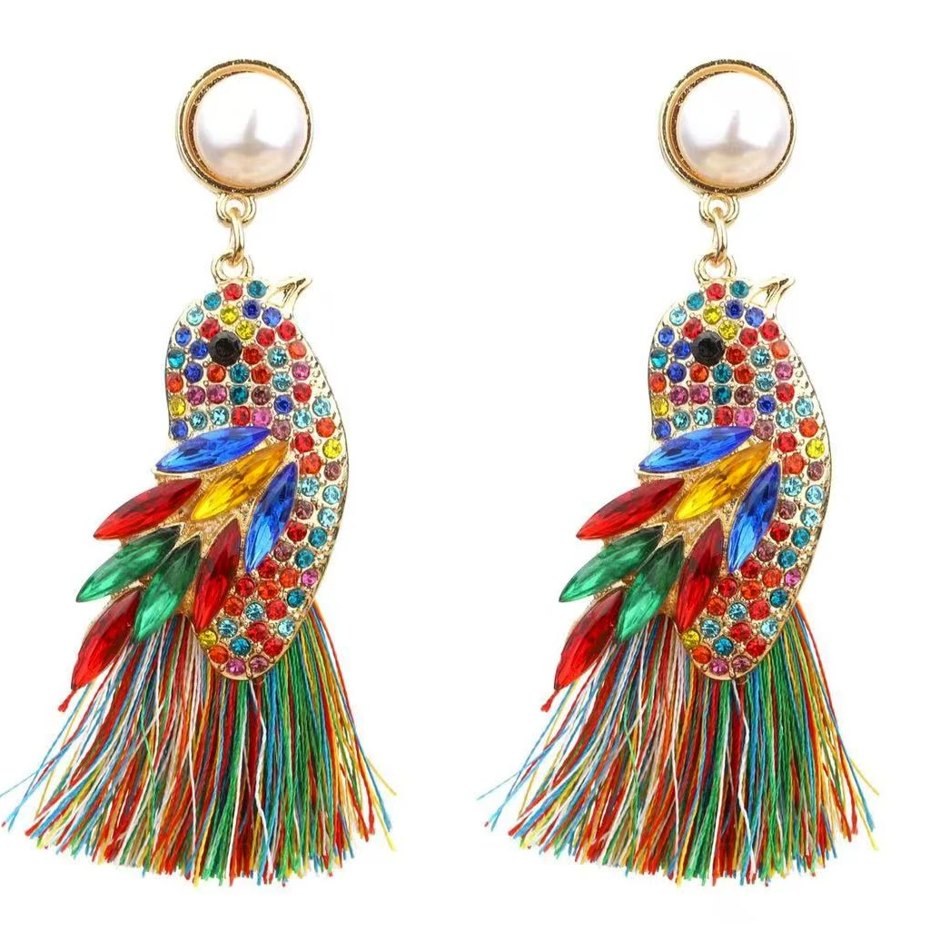 

Bohemian Exaggerated Retro Bird Rhinestone Tassel Earrings for Woman Party Weddings