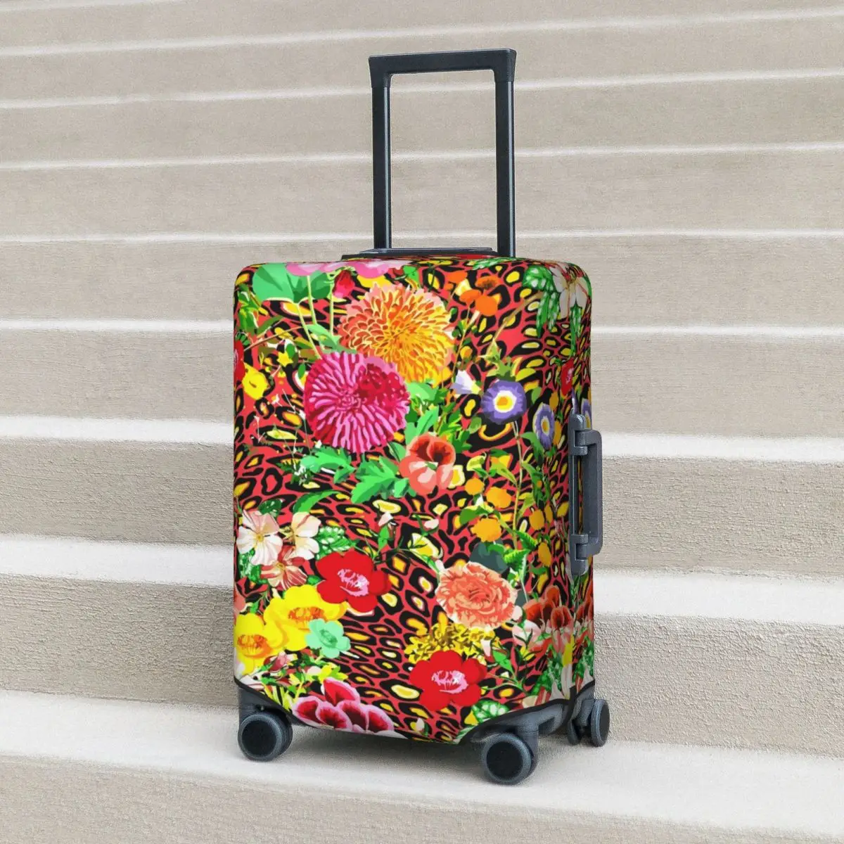 

Floral Leopard Suitcase Cover Colorful Flower Print Cruise Trip Protector Flight Strectch Luggage Case