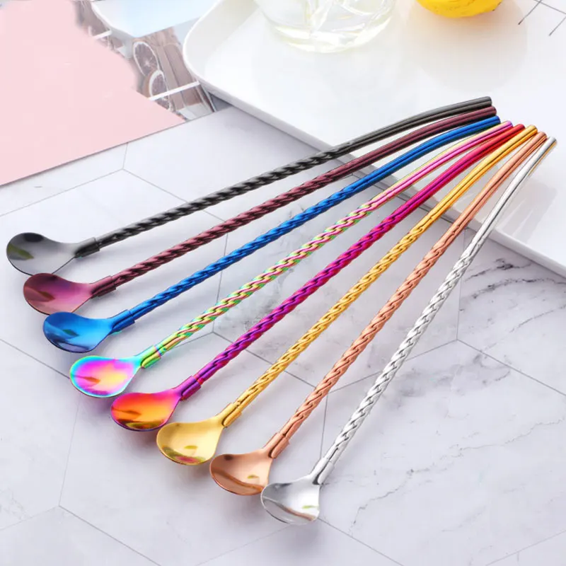 

Long Twisted Straw Spoon Portable Gold Tea Scoop Reusable Colored Stainless Steel Straws Cocktail Coffee Stirring Spoon