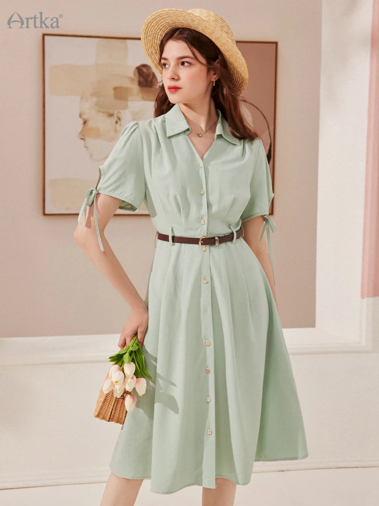 

Женское платье-рубашка с V-образным вырезом ARTKA, розовое однобортное платье средней длины с коротким рукавом, во французском стиле, LA29026X, на л...