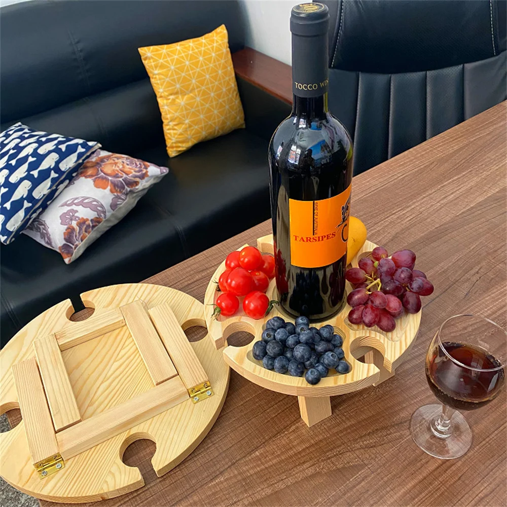 

Wooden Folding Picnic Table with Glass Holder Outdoor Portable Wine Storage Rack Wine Glass Holder Camping Party Travel Table