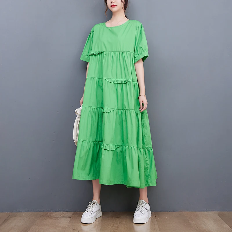 

SuperAen Korea Style Patchwork Round Neck Short Sleeve Dress Summer New Loose Solid Color Ruffles Dress for Women