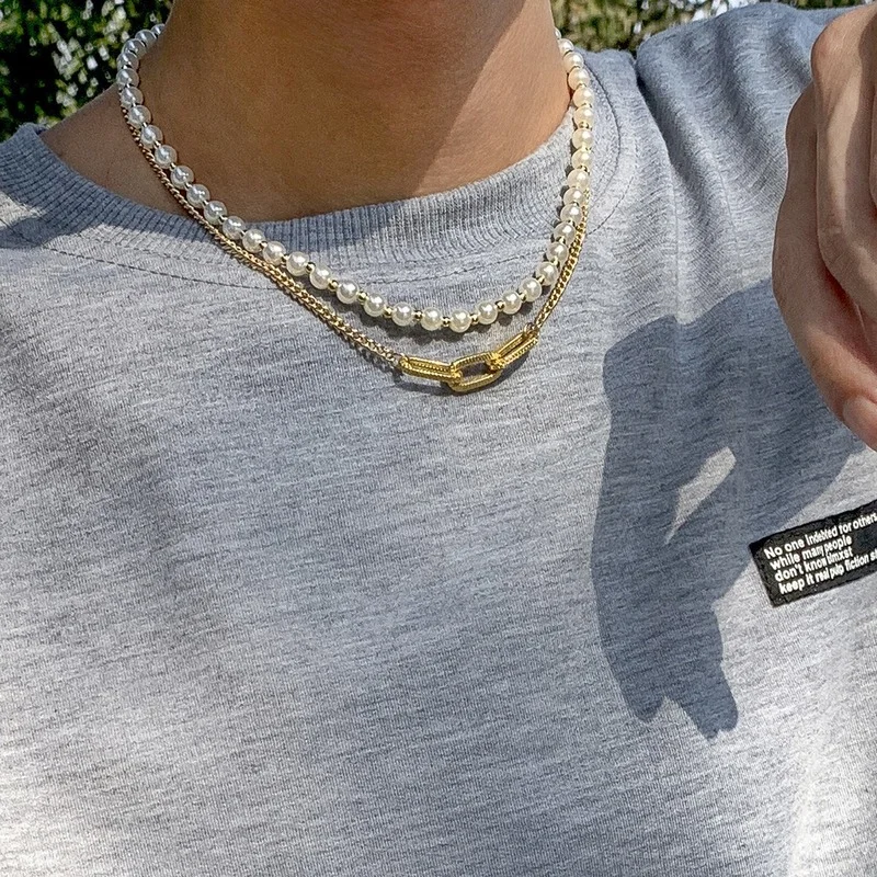 

New Imitation Pearl Necklace Men Double-Layer Hip Hop Jewelry Male Retro Creative Necklaces Luxury Party Accessories Boy Gift