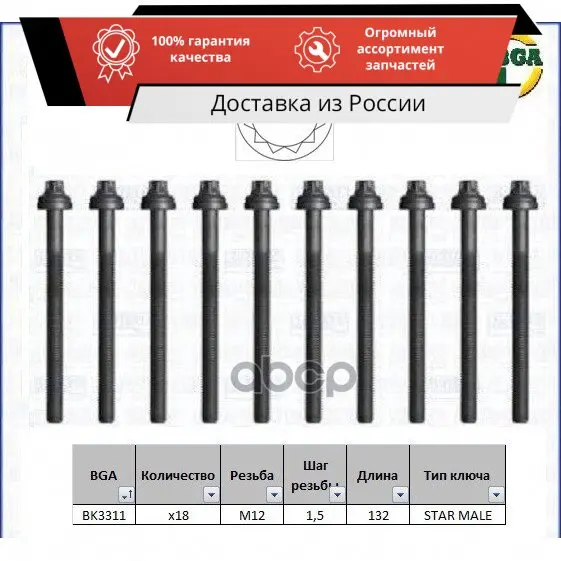 К-КТ БОЛТОВ ГБЦ NISSAN PATROL III 3.0 DTI (ZD30 ZD30DDTi) 04- ( M12x1.5x132 Qty: 18) Bga арт. BK3311 - купить по