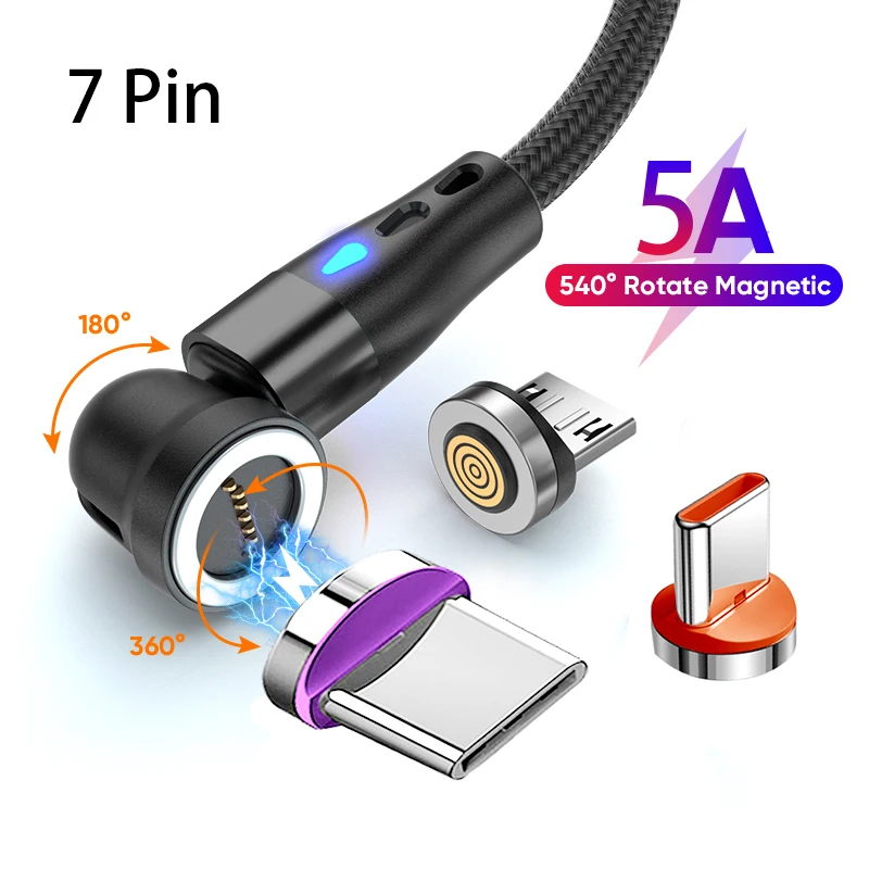 

540 Rotate 5A Magnetic Cable Fast Charging Micro USB Type C Cable For iPhone Xiaomi Huawei Magnet Charger Wire Cord USB Cable