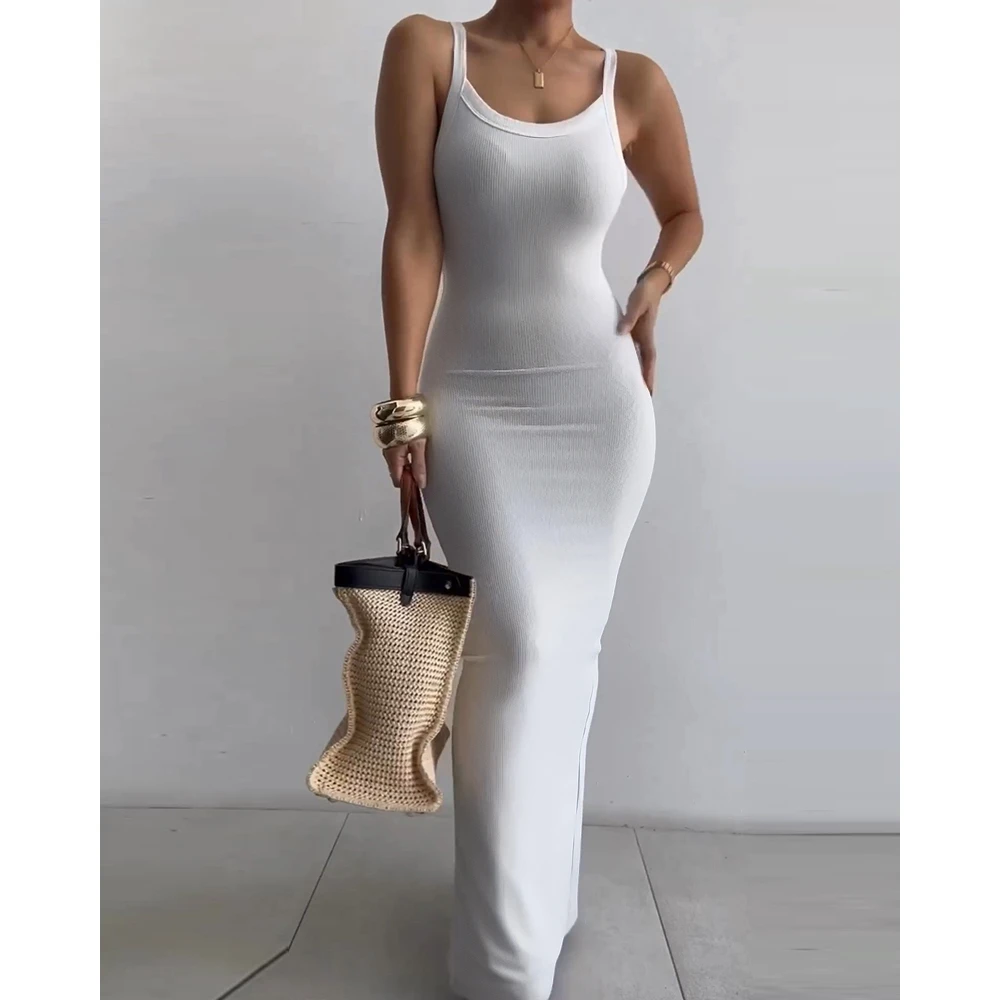

2023 Ladies Women U-Neck Spaghetti Strap Maxi Party Dress Evening Clothing Street Style Summer Casual Sleeveless Dresses