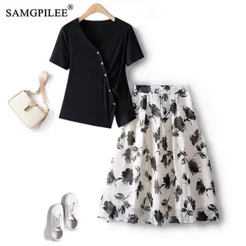 Two Piece Set For Women 2023 Summer Elastic V Neck Black Slim T-shirt Ink Flower Chiffon Skirt Suit Elegant New In Matching Sets 1