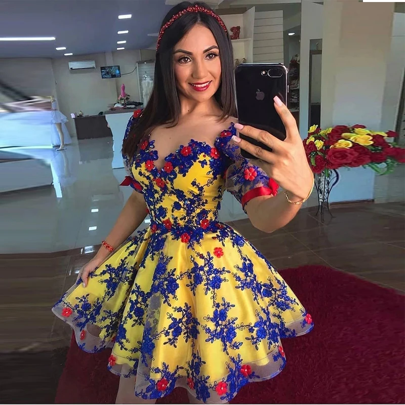 

Yellow Evening Dress Lace 3D Flower Gown Short Sleeve Princess Formal Prom Homecoming Party Cocktail Customised Abendkleider