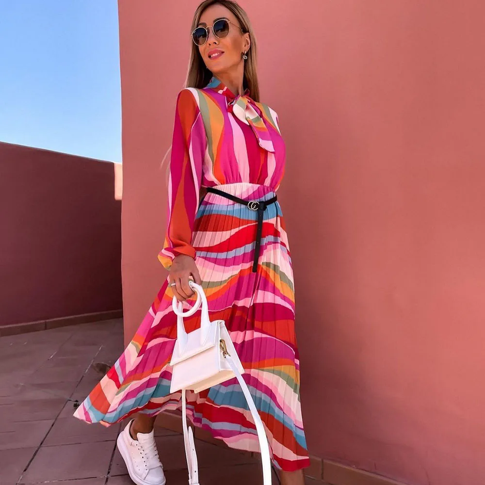 

Элегантные женские плиссированные платья на шнуровке с круглым вырезом, весеннее модное повседневное офисное платье миди с цветным принто...