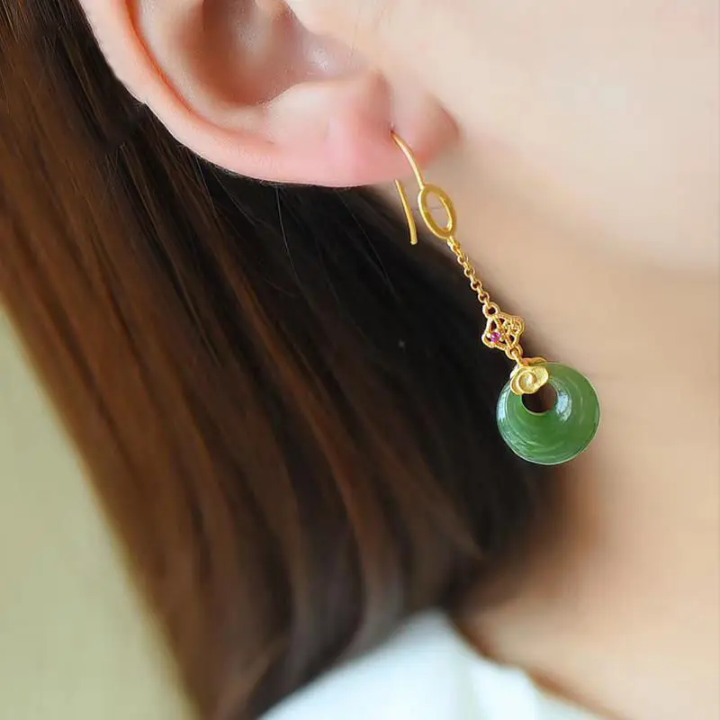

Chinoiserie Vintage Natural Hotan Jade Ping Buckle 925 Sterling Silver Gilded Lucky Cloud Earring for Woman Hanfu Cheongsam Gift
