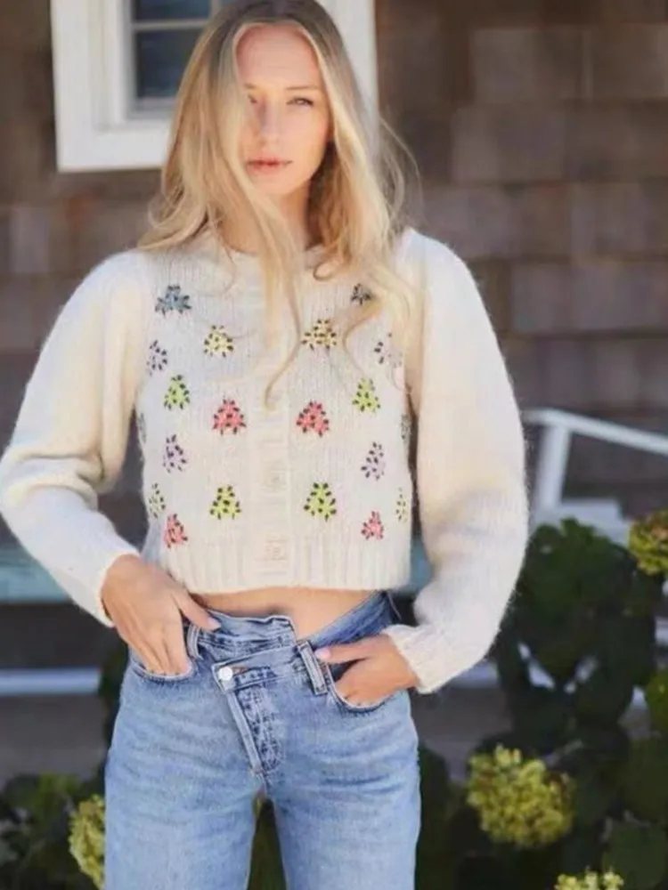 Женский винтажный трикотажный кардиган с вышивкой в виде цветов