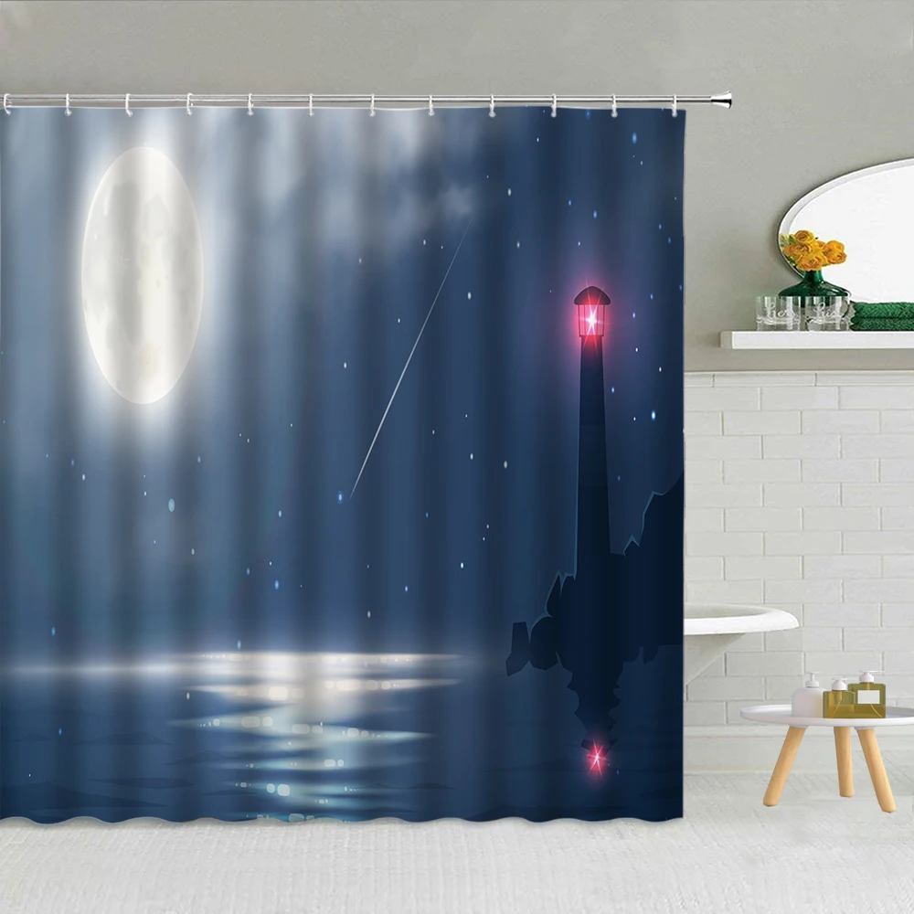

Lighthouse Oil Painting Shower Curtain Vintage Sailing Boat Child Bathroom Decor Waterproof Fabric Curtains With Hook Set