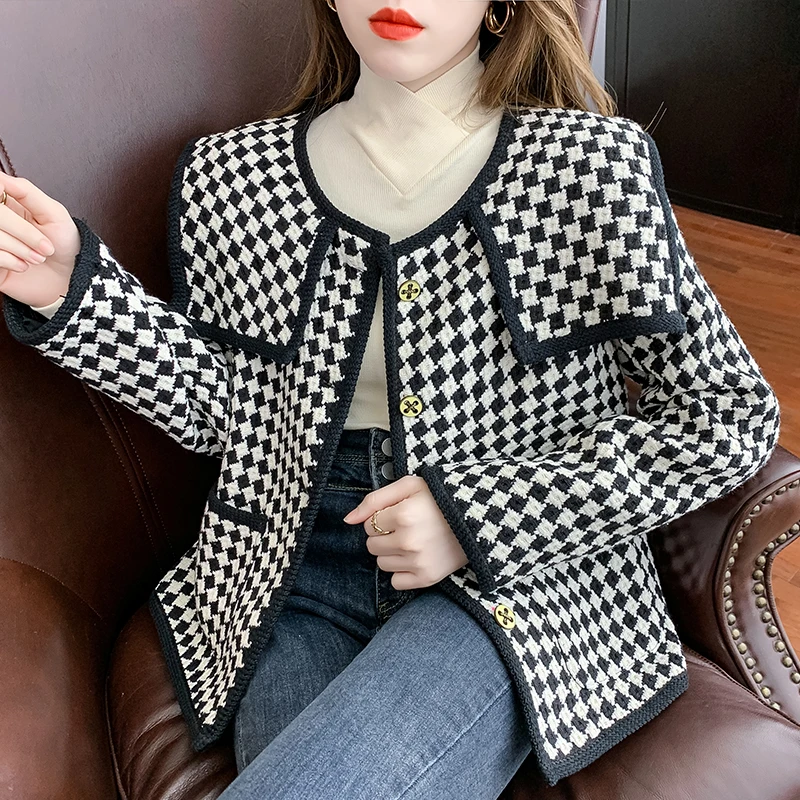 

Tweed Jacket Female Autumn And Winter New 2022 Houndstooth Navy Collar Cardigan Fashion Casual Outwear Top