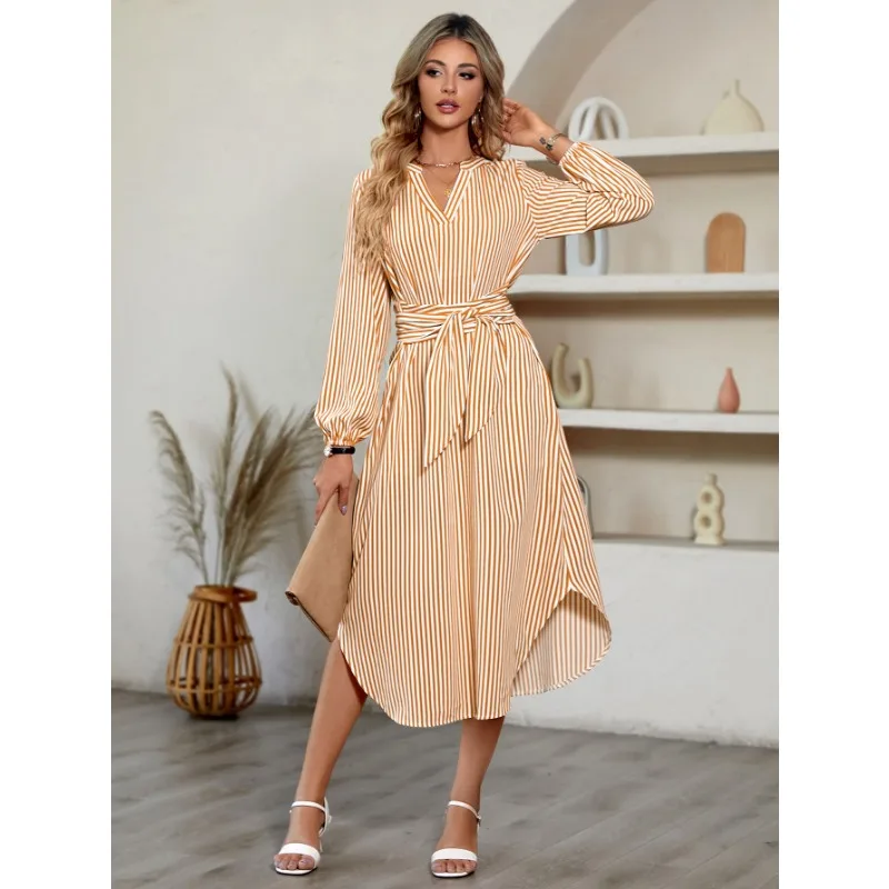 

Женское Повседневное платье-футболка с длинным рукавом и V-образным вырезом, в полоску