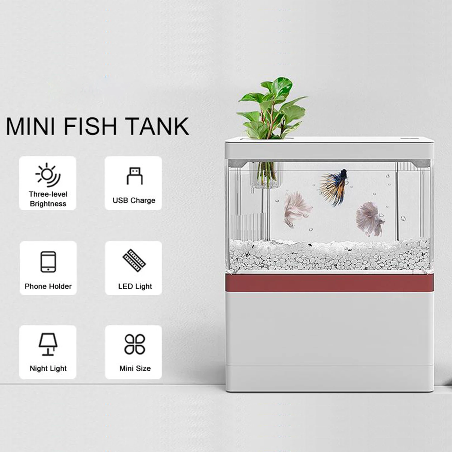 mini fish tank with filter and led light aquarium tropical freshwater phone pad holder hydroponic plants basket for office free global shipping