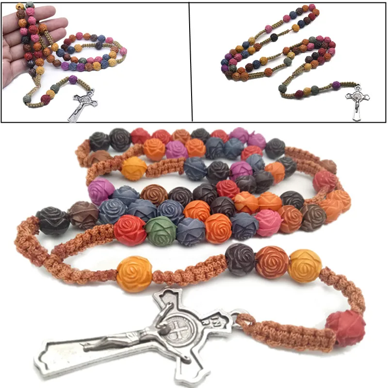 Ожерелье ручной работы с цветным крестом четки Иисус Христос религиозные