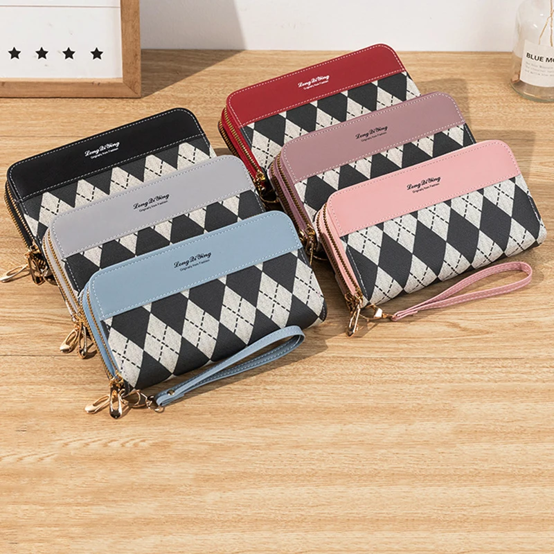 Lady Double Zipper Long Wallet PU Coin Purse Fashion Korean Style Clutch Card Holder Mobile Phone Bag Women's Wrist Bag
