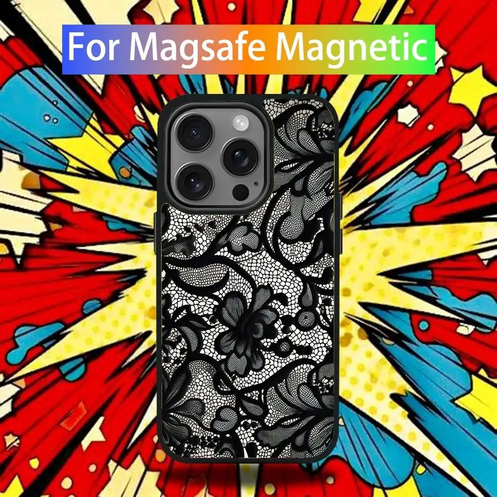 Фото Чехол для телефона с кружевным принтом для iPhone 17,16,15,14,13,12,11,Pro,Max,Plus,Mini,SE4,E с магнитной беспроводной зарядкой Magsafe №2