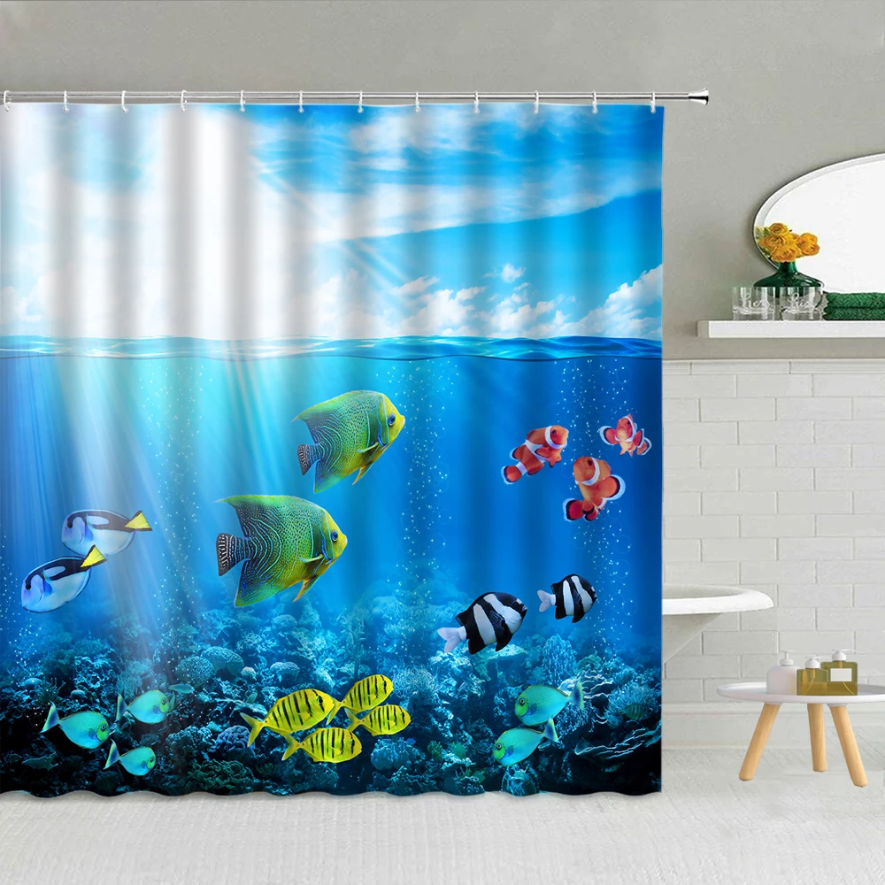 

Landscape Shower Curtains Seabed Tropical Fish Coral Dolphin Sea Turtle Octopus Bathroom Decor Waterproof Fabric Curtain
